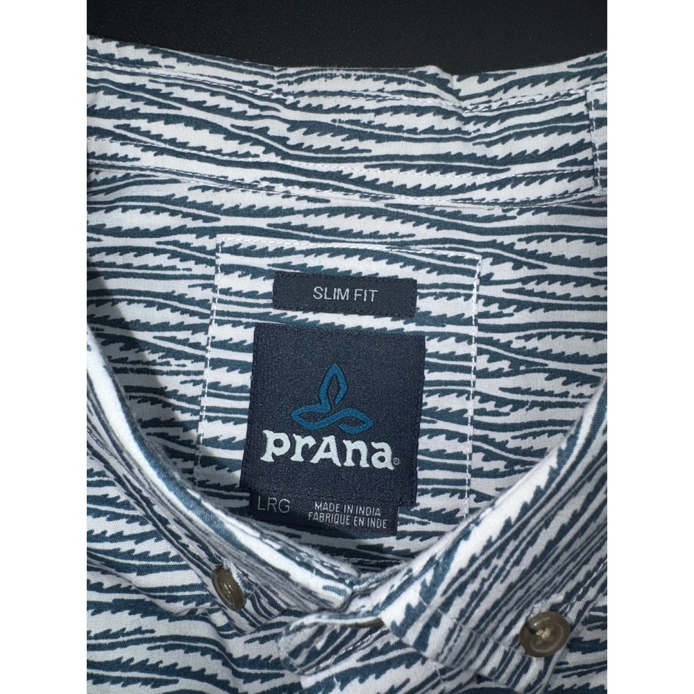 Prana Mens Slim Fit Short Sleeve Button Down Shirt White Navy Wave M11202533 LRG - Picture 4 of 10